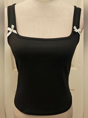 Black Tank Top w White Satin Bow Detail.